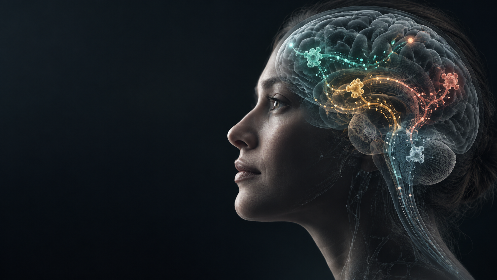 Scientific visualization of several neural signalling pathways in a human brain